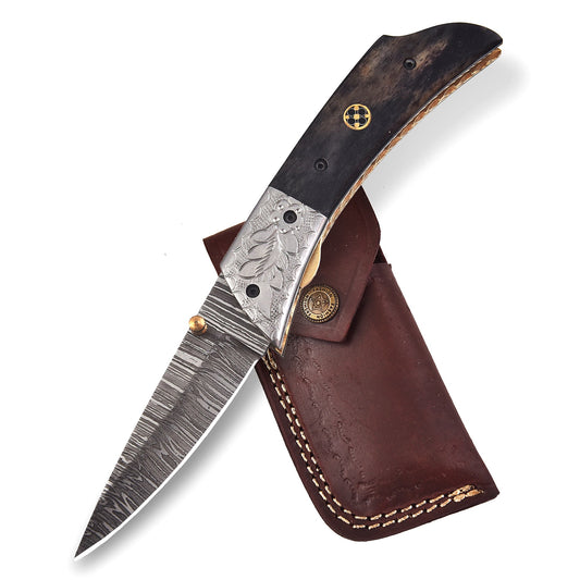 FK-601 Handmade Damascus Steel Folding knife - Beautiful Camel Bone with Art Work Stainless steel Gurd.