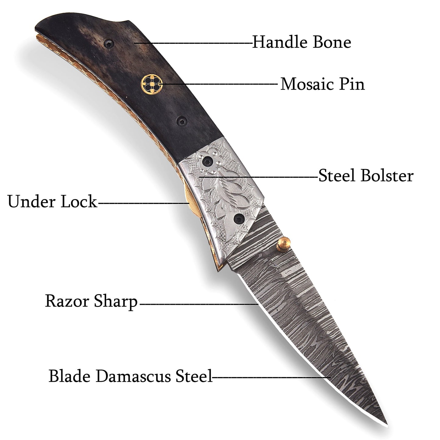 FK-601 Handmade Damascus Steel Folding knife - Beautiful Camel Bone with Art Work Stainless steel Gurd.