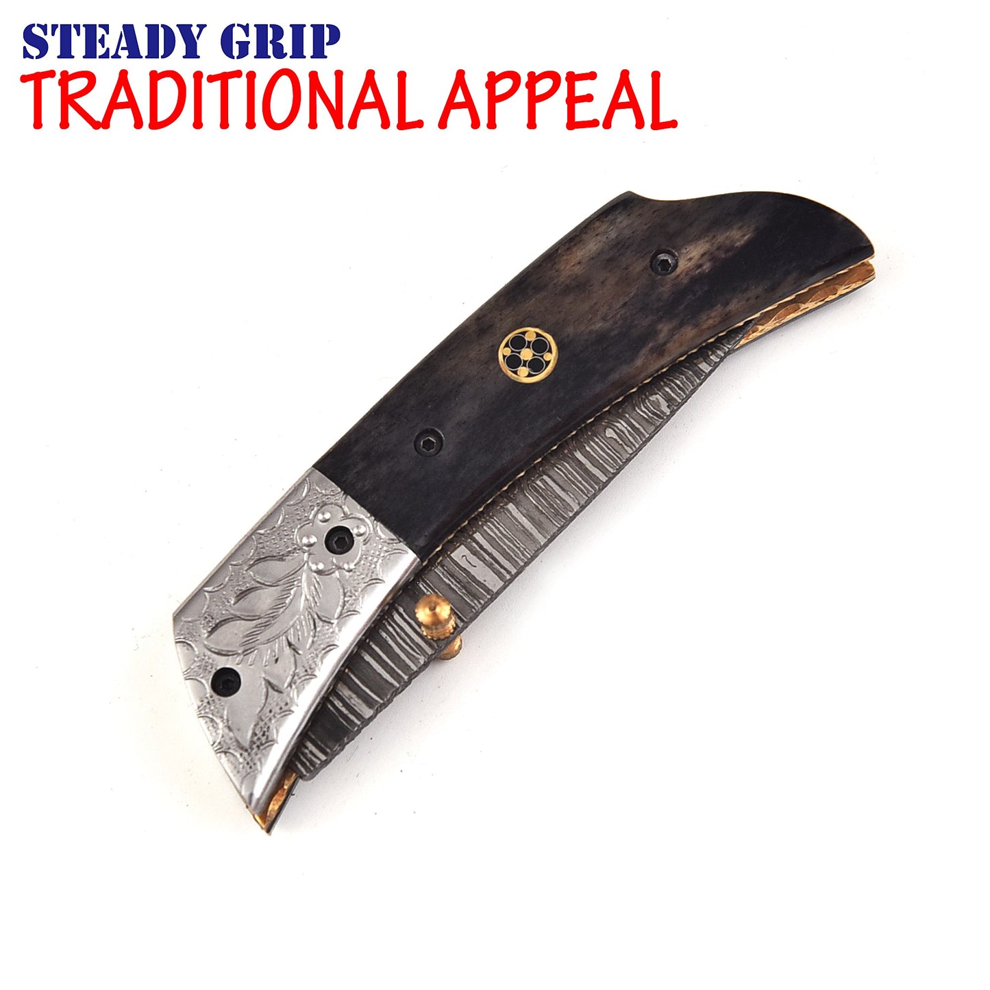 FK-601 Handmade Damascus Steel Folding knife - Beautiful Camel Bone with Art Work Stainless steel Gurd.