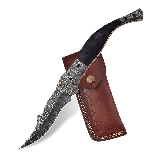 FK-600 Handmade Damascus Steel Folding knife - Beautiful Camel Bone with Damascus Gurd & pommel.