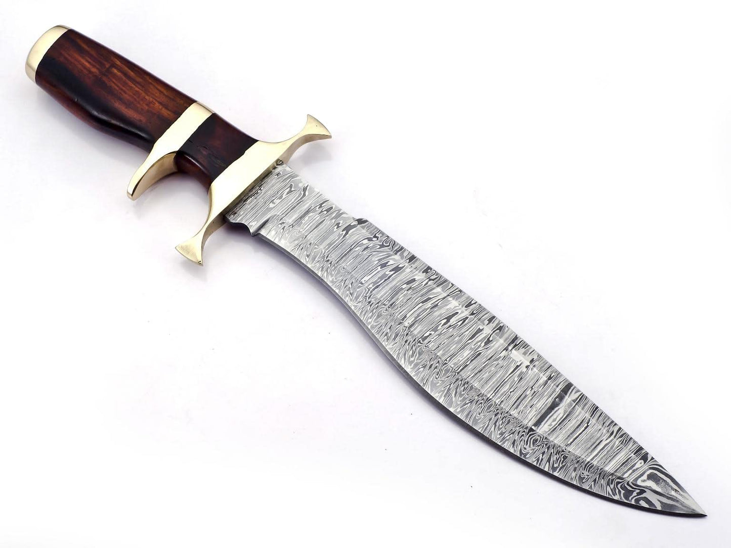 BK-779 Handmade Damascus Steel 15 Inches Hunting Knife- Beautiful Rose Wood Handle with Brass Gurd & clip