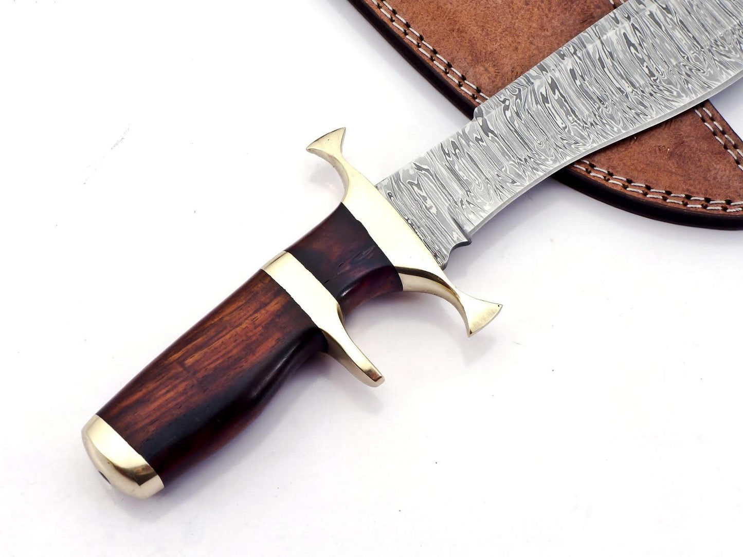 BK-779 Handmade Damascus Steel 15 Inches Hunting Knife- Beautiful Rose Wood Handle with Brass Gurd & clip