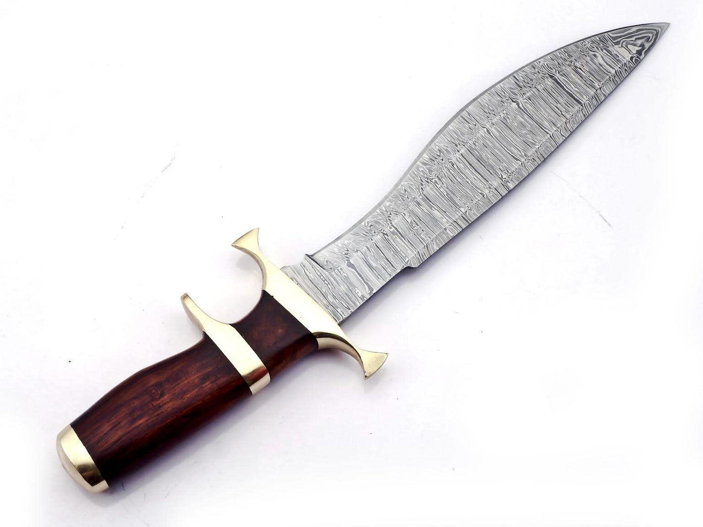 BK-779 Handmade Damascus Steel 15 Inches Hunting Knife- Beautiful Rose Wood Handle with Brass Gurd & clip