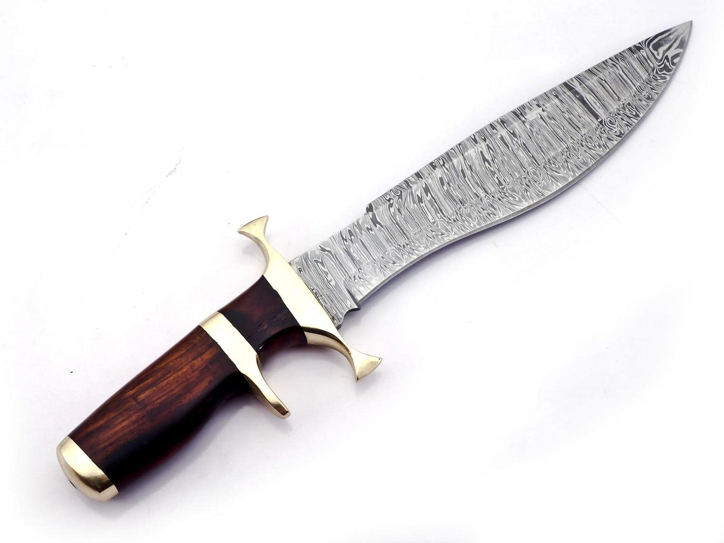 BK-779 Handmade Damascus Steel 15 Inches Hunting Knife- Beautiful Rose Wood Handle with Brass Gurd & clip