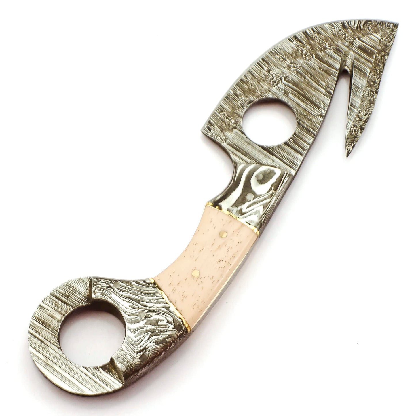 SK-2029 Handmade 08.50 Inches Damascus Steel Gut Hook Skinner Knife - Bone With Damascus Bolster Handle