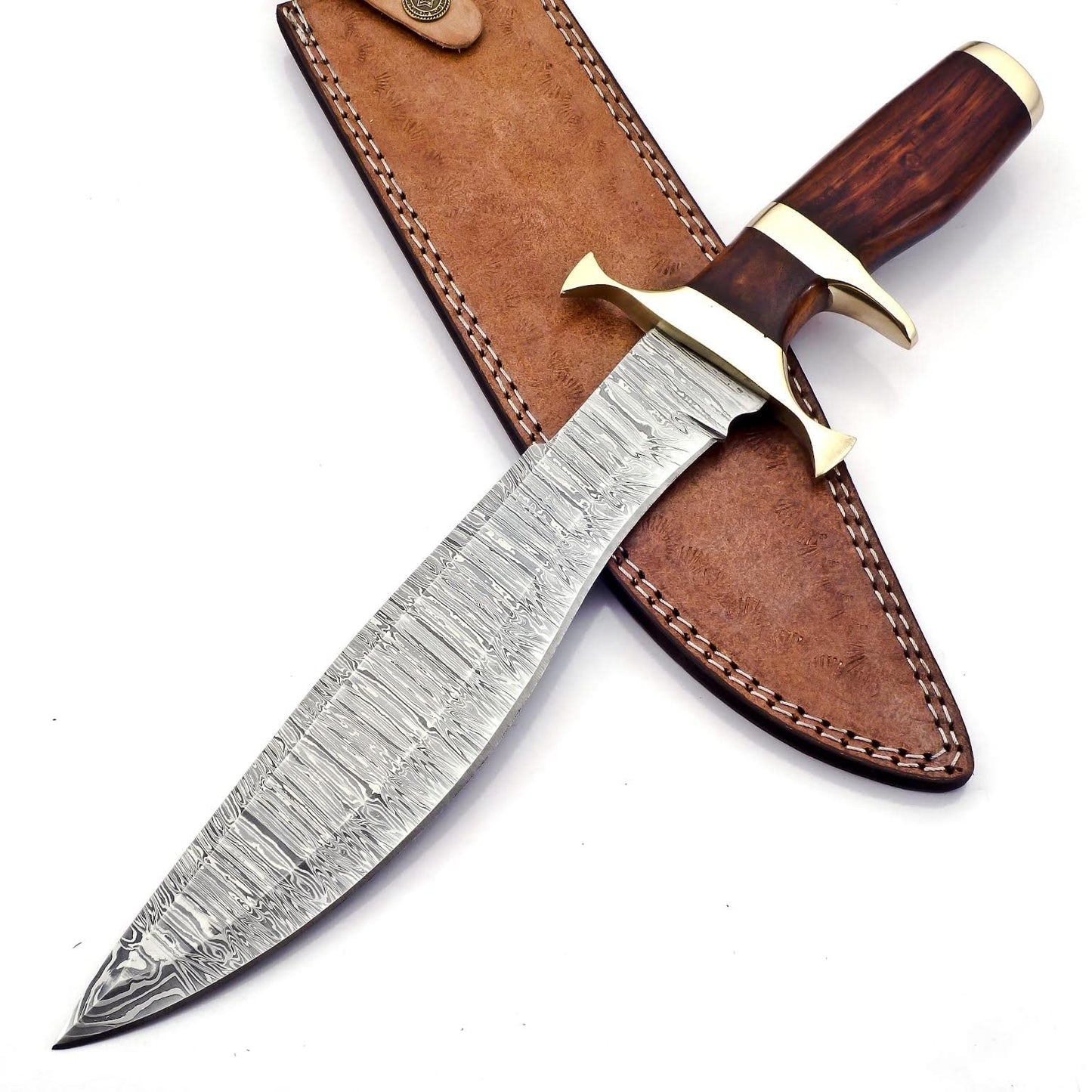 BK-779 Handmade Damascus Steel 15 Inches Hunting Knife- Beautiful Rose Wood Handle with Brass Gurd & clip