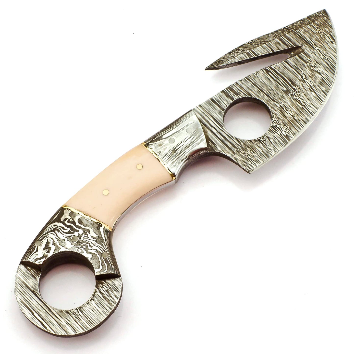 SK-2029 Handmade 08.50 Inches Damascus Steel Gut Hook Skinner Knife - Bone With Damascus Bolster Handle