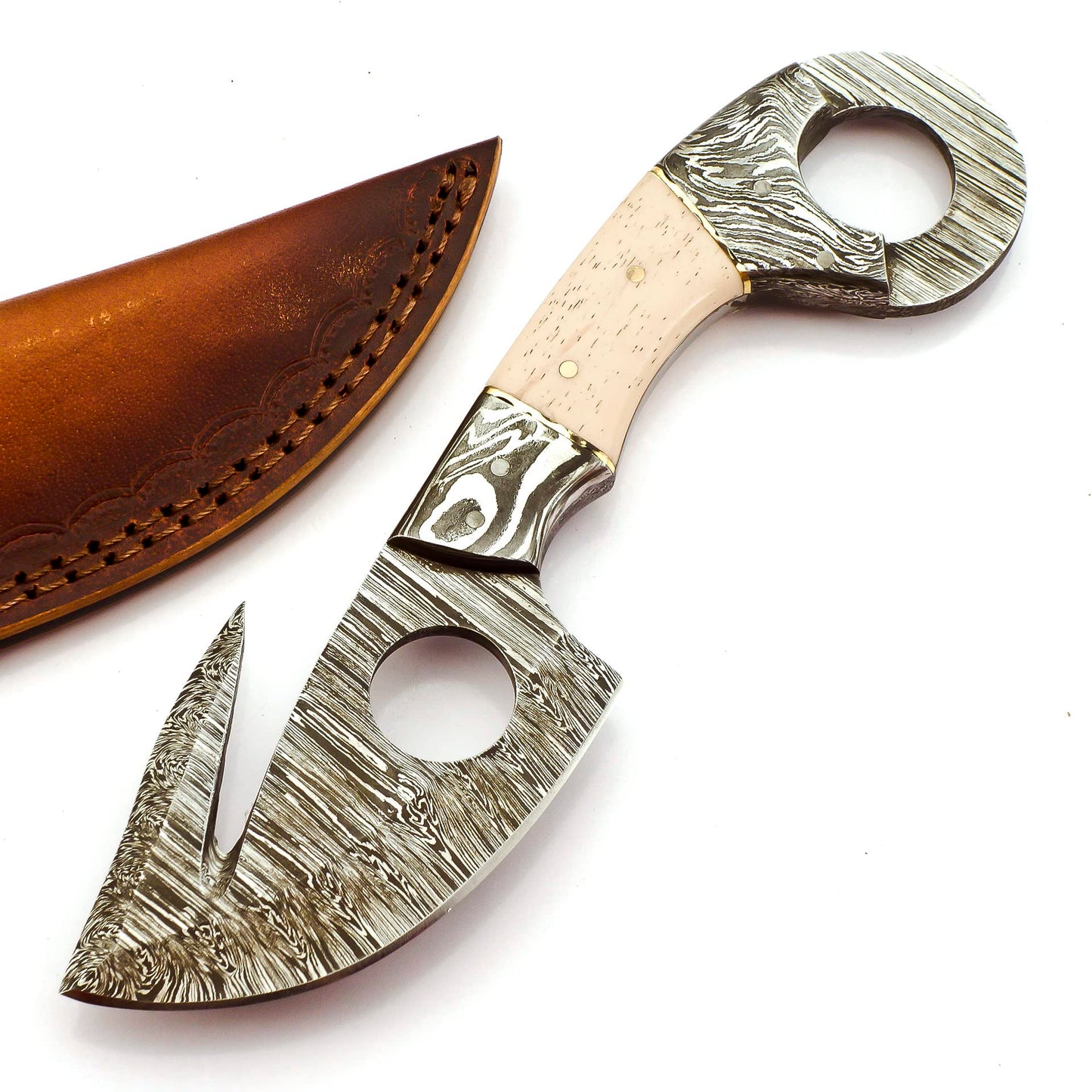 SK-2029 Handmade 08.50 Inches Damascus Steel Gut Hook Skinner Knife - Bone With Damascus Bolster Handle