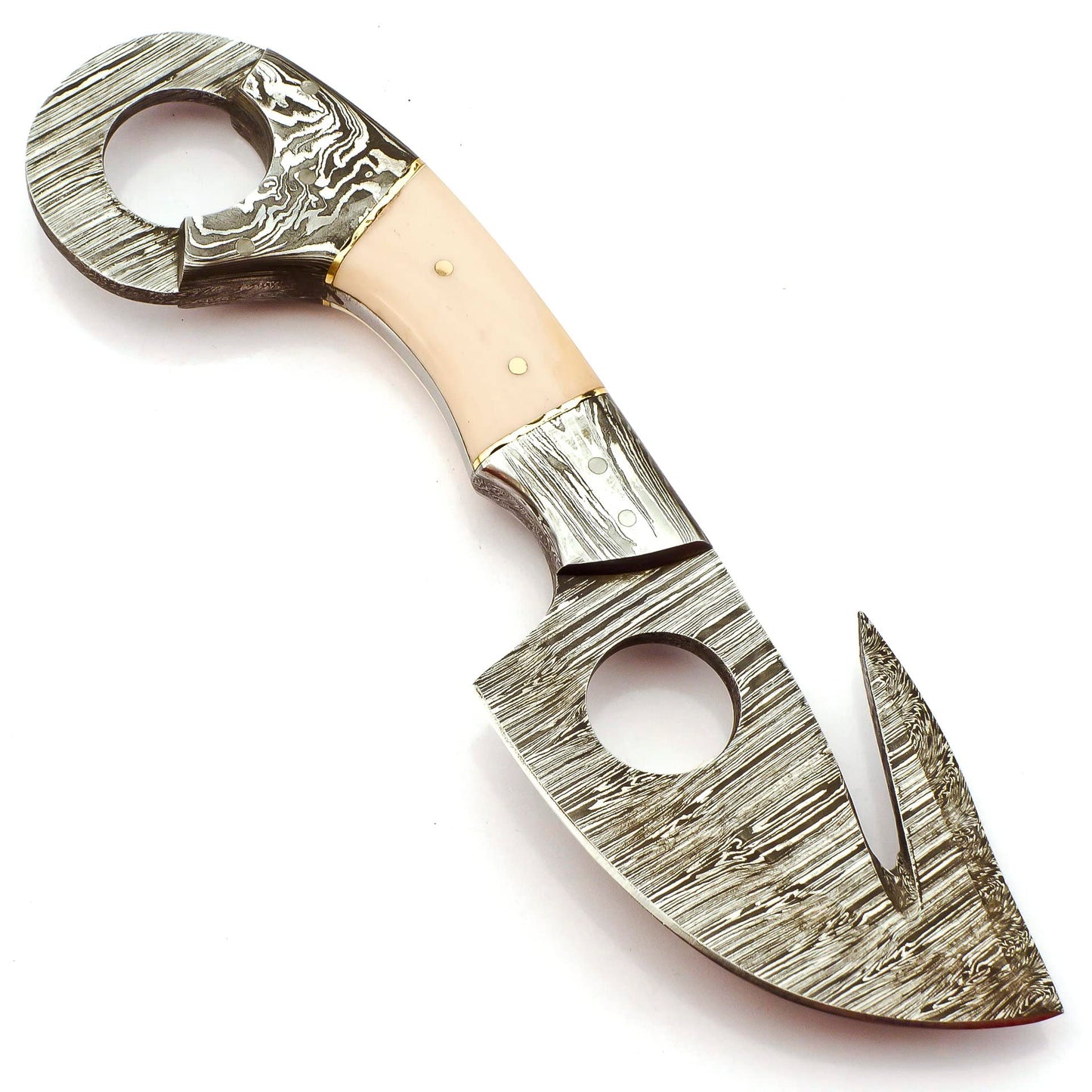 SK-2029 Handmade 08.50 Inches Damascus Steel Gut Hook Skinner Knife - Bone With Damascus Bolster Handle