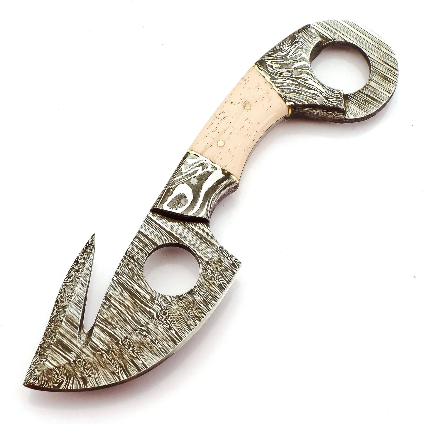 SK-2029 Handmade 08.50 Inches Damascus Steel Gut Hook Skinner Knife - Bone With Damascus Bolster Handle