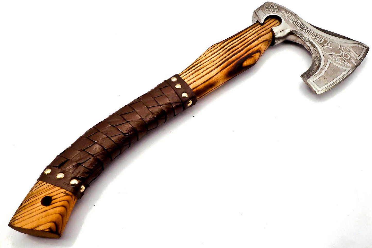 AX-222 Handmade Stainless Steel Axe. Precious Art of Working its Head & Beautiful Tight Leather Grip Wood Handle.