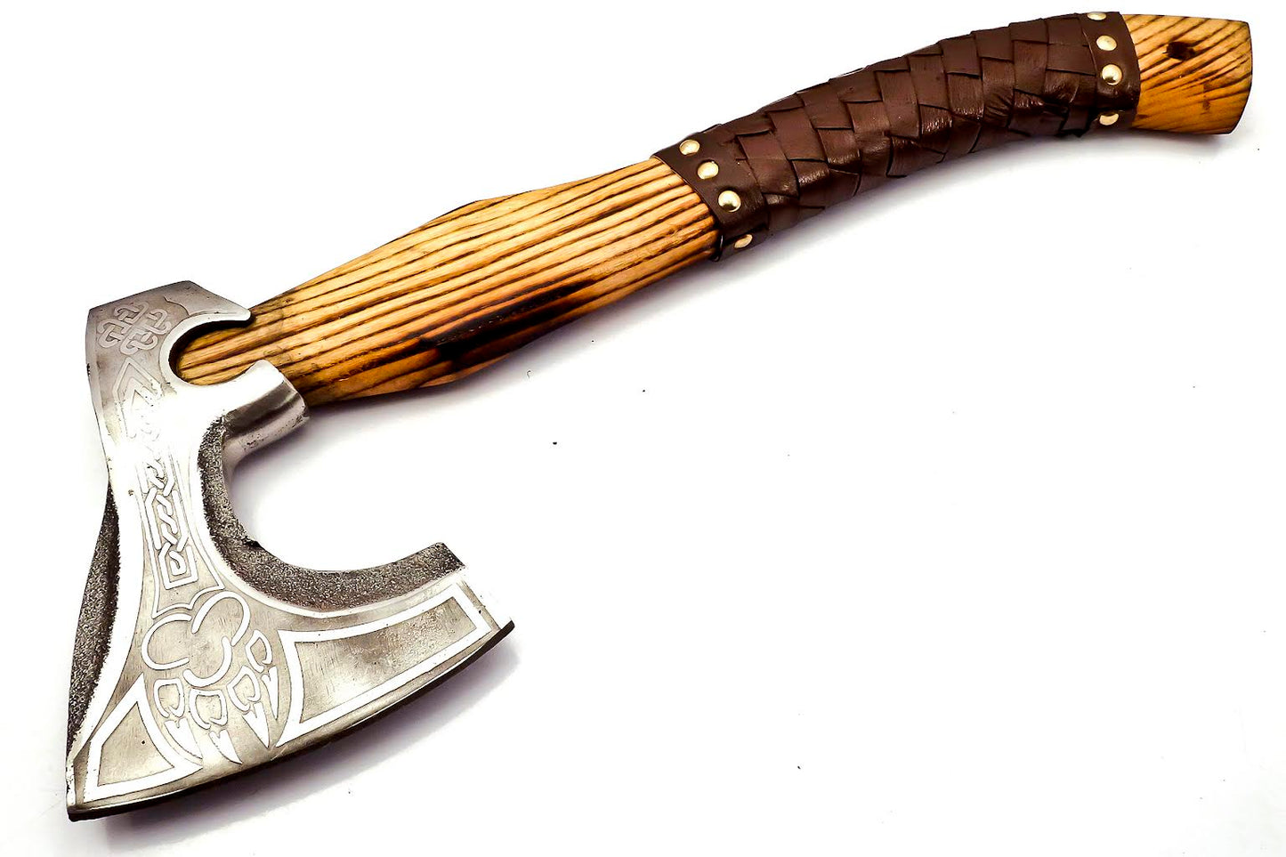 AX-222 Handmade Stainless Steel Axe. Precious Art of Working its Head & Beautiful Tight Leather Grip Wood Handle.