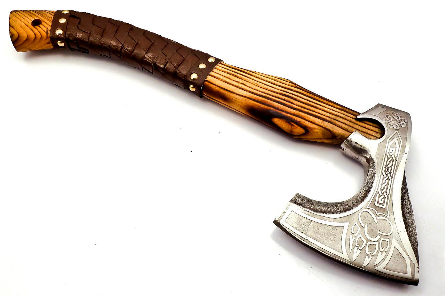 AX-222 Handmade Stainless Steel Axe. Precious Art of Working its Head & Beautiful Tight Leather Grip Wood Handle.