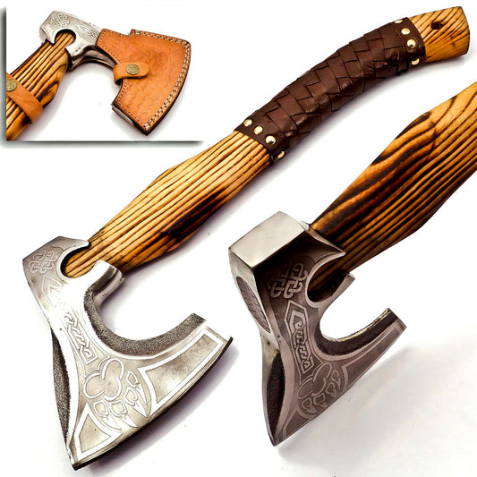 AX-222 Handmade Stainless Steel Axe. Precious Art of Working its Head & Beautiful Tight Leather Grip Wood Handle.