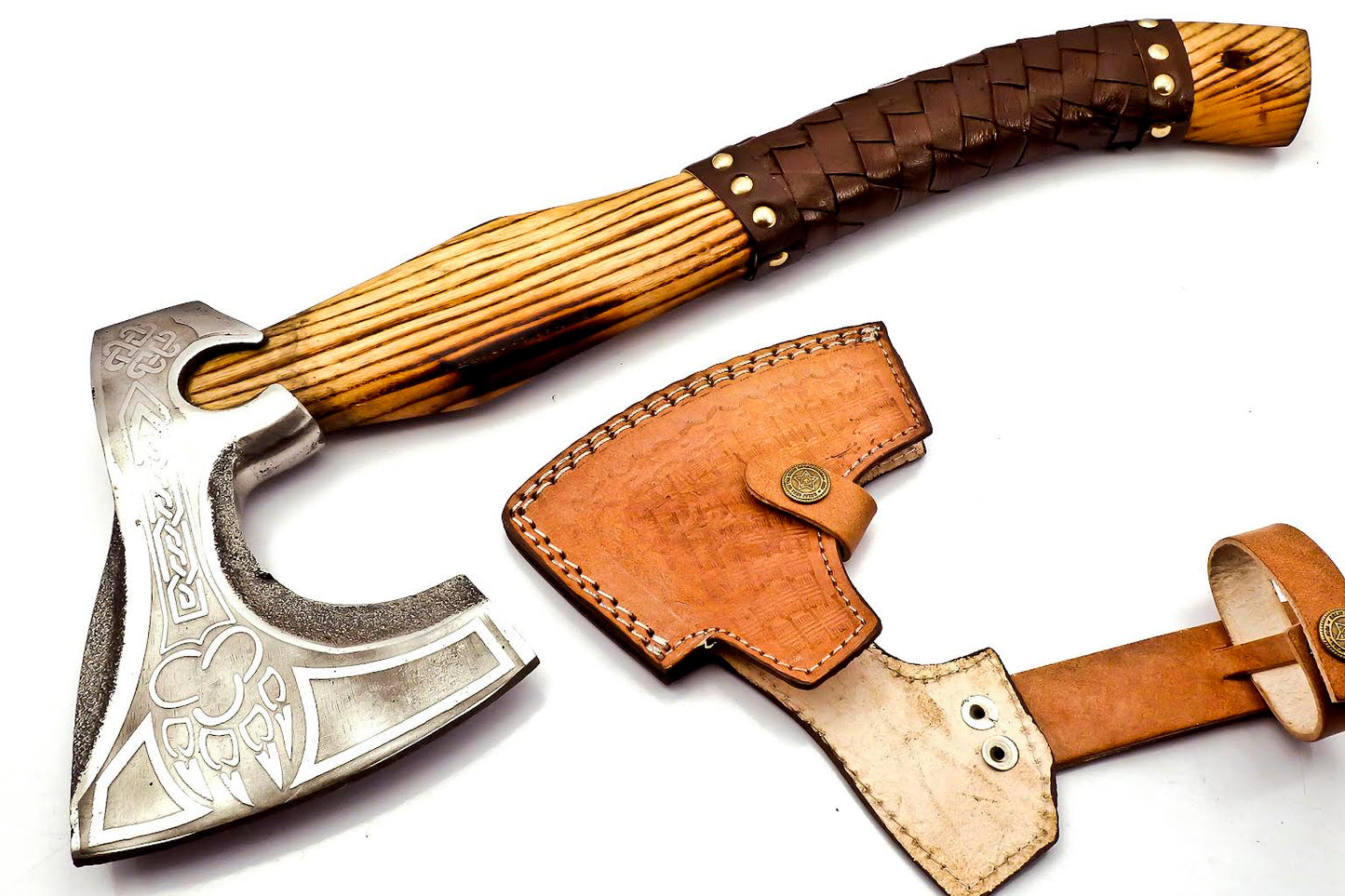 AX-222 Handmade Stainless Steel Axe. Precious Art of Working its Head & Beautiful Tight Leather Grip Wood Handle.