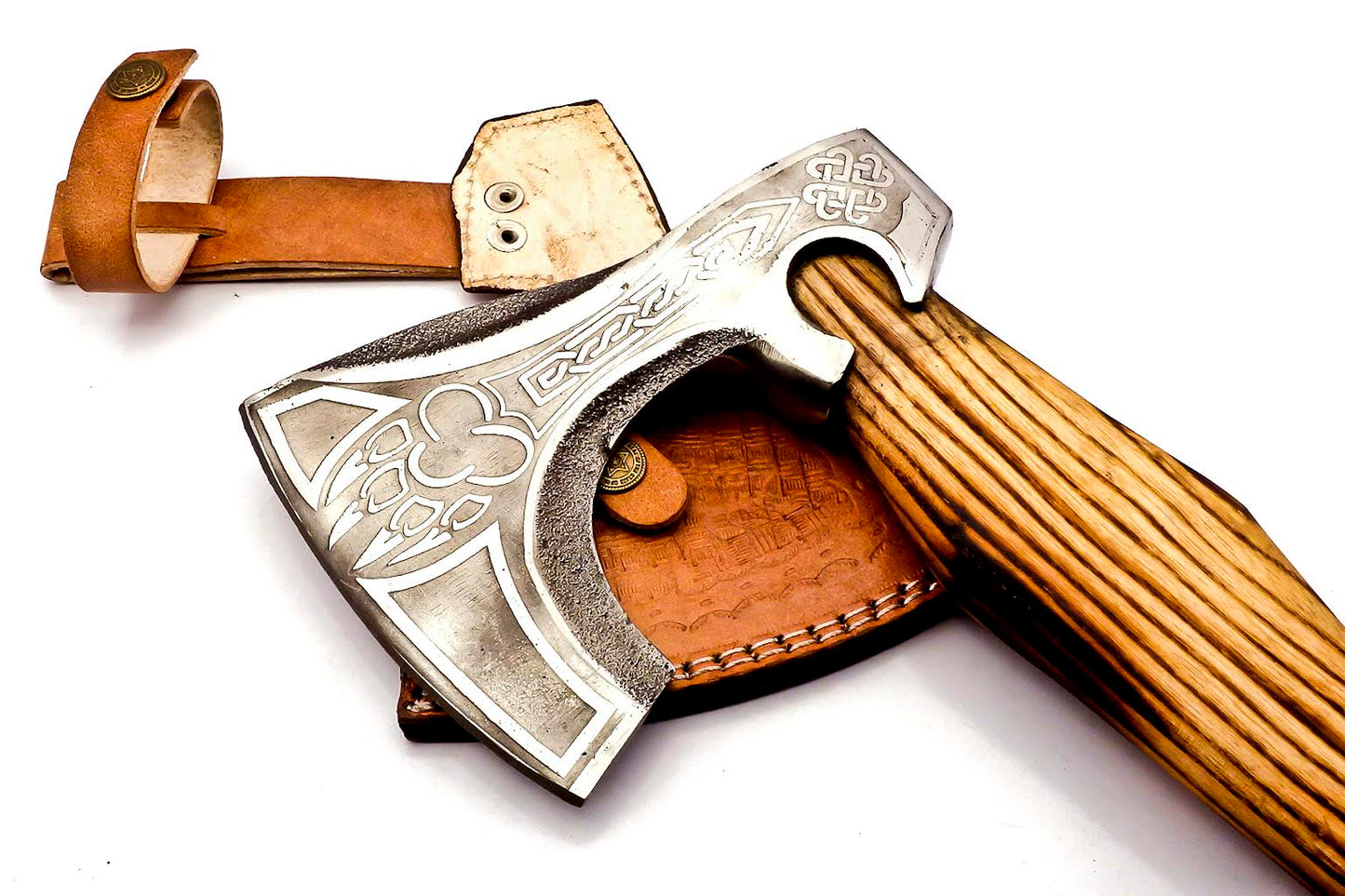 AX-222 Handmade Stainless Steel Axe. Precious Art of Working its Head & Beautiful Tight Leather Grip Wood Handle.