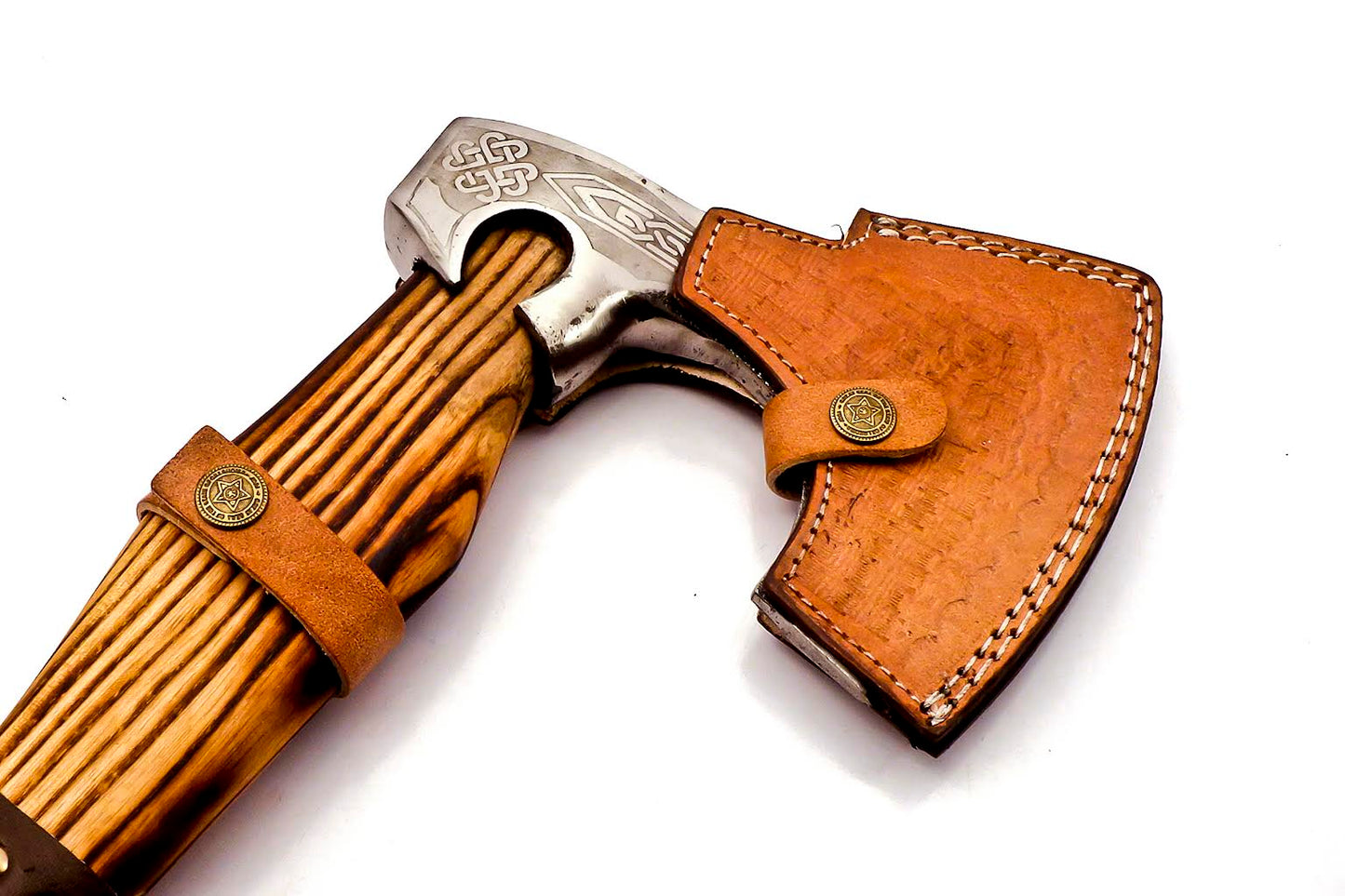 AX-222 Handmade Stainless Steel Axe. Precious Art of Working its Head & Beautiful Tight Leather Grip Wood Handle.